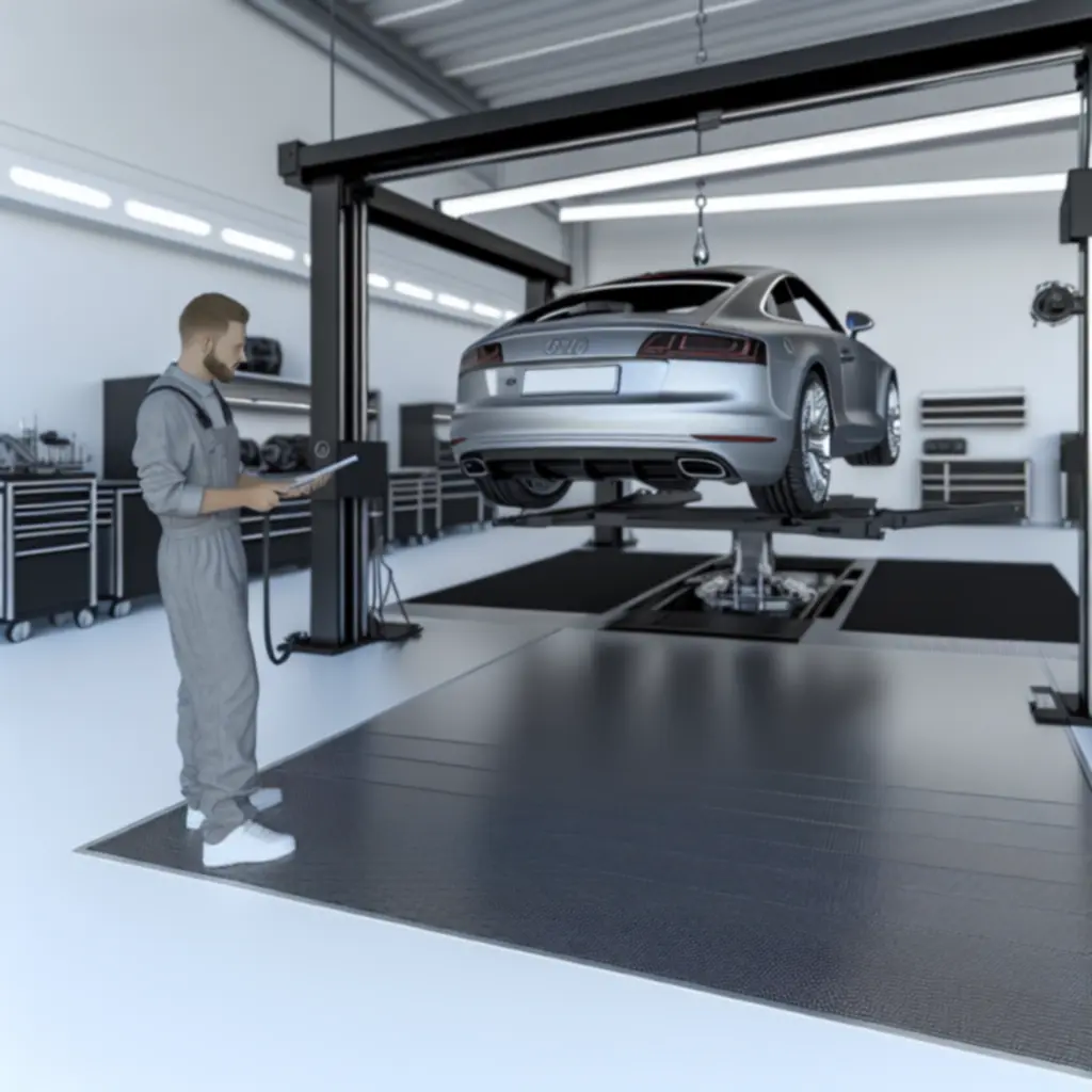 Moderne werkplaats met premium brug en monteur aan het werk