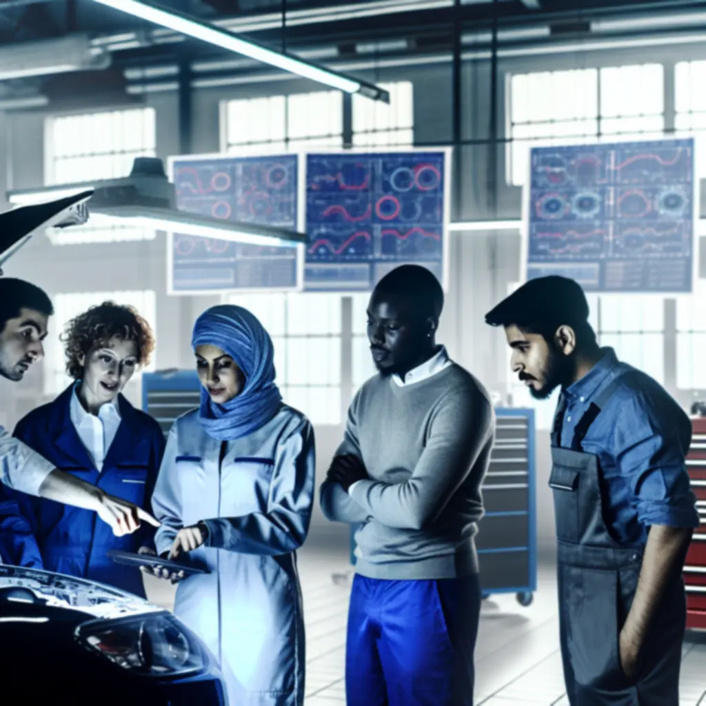 Team bespreekt diagnose-resultaten rond een voertuig in de werkplaats