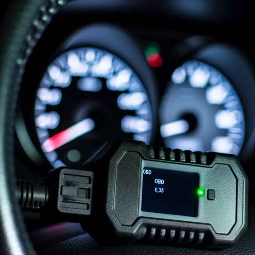 Close-up van OBD-diagnosetool aangesloten op voertuig