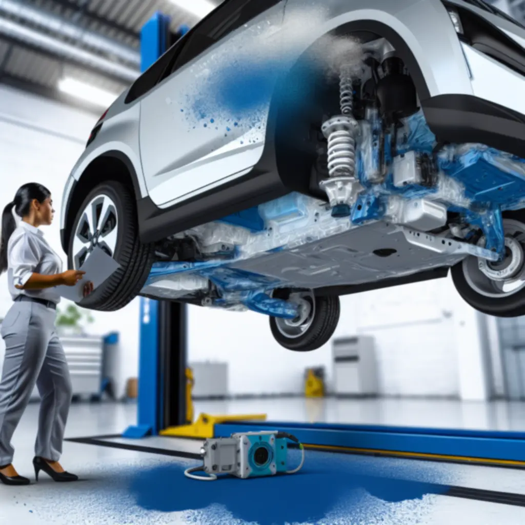 Elektrische auto op brug terwijl koelsysteem wordt geïnspecteerd