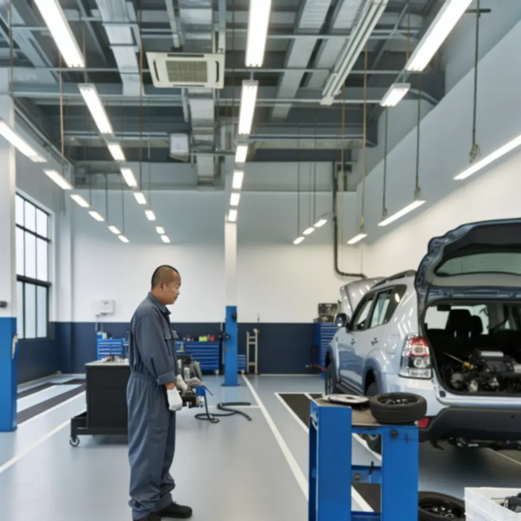 Monteur werkt aan een voertuig in een moderne, schone werkplaats