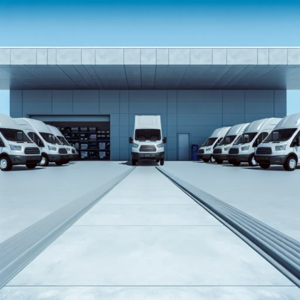 Zakelijke bestelwagens in een rij voor onderhoud