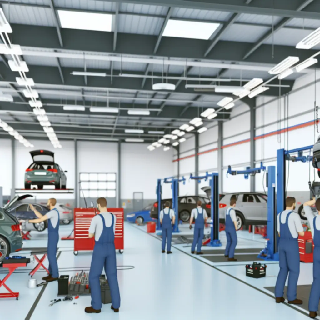 Monteurs aan het werk in een moderne, goed verlichte autowerkplaats