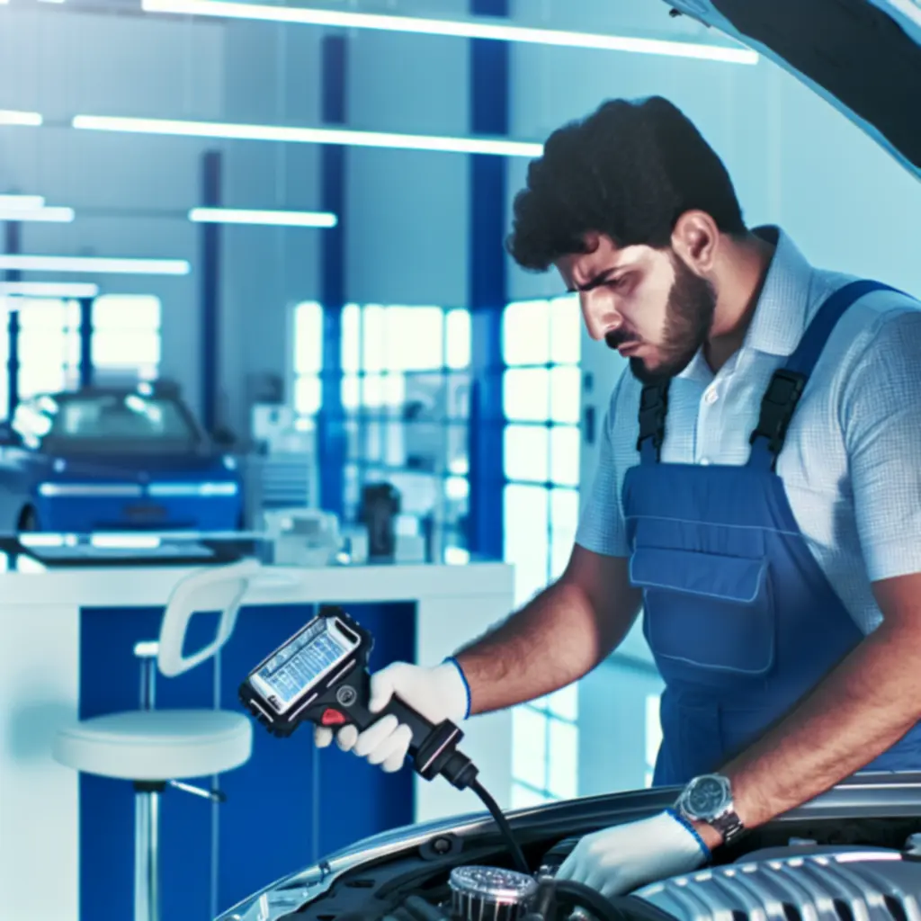 Monteur controleert motorruimte met diagnoseapparatuur
