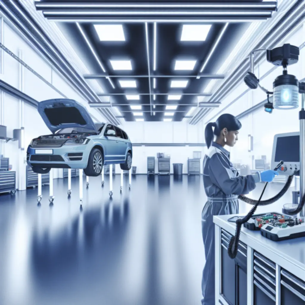 Moderne autowerkplaats met monteur aan diagnoseapparatuur