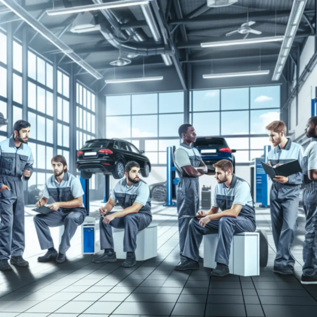 Skilled monteurs aan het werk in een moderne garage